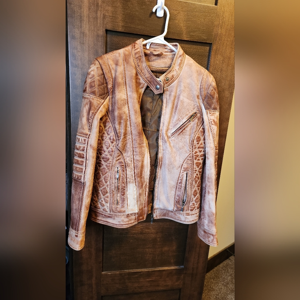 Pelle Distressed Tan Lambskin Leather Jacket, Size Small